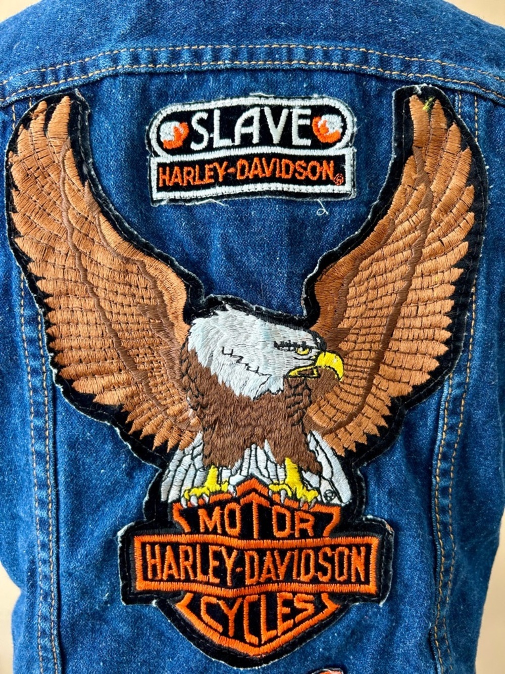 Vintage 90s Harley Davidson Denim Vest Boot Hill Saloon Electra Glide Eagle S - Picture 10 of 14